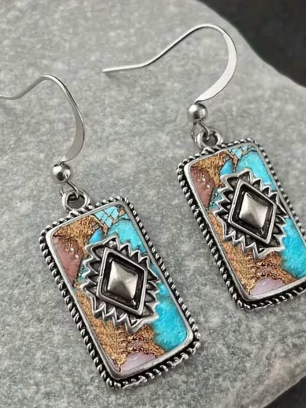 Turquoise Multi-Color Southwestern Rectangle Drop Earrings - Unbranded